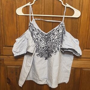 Eyeshadow Women’s Blue and White Embroidered  Striped Cold Shoulder Blouse L